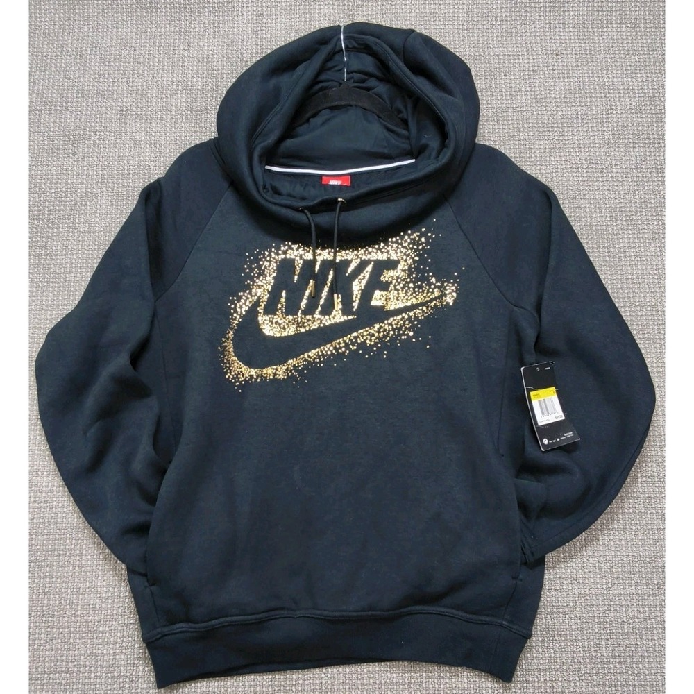 NWT Nike Sportswear Rally Funnel Neck Hoodie Black Gold Metallic Glitter Small S